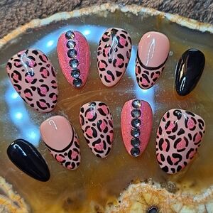 Pink Leapord Short Almond Hand Painted Quality Reusable Press On Nails